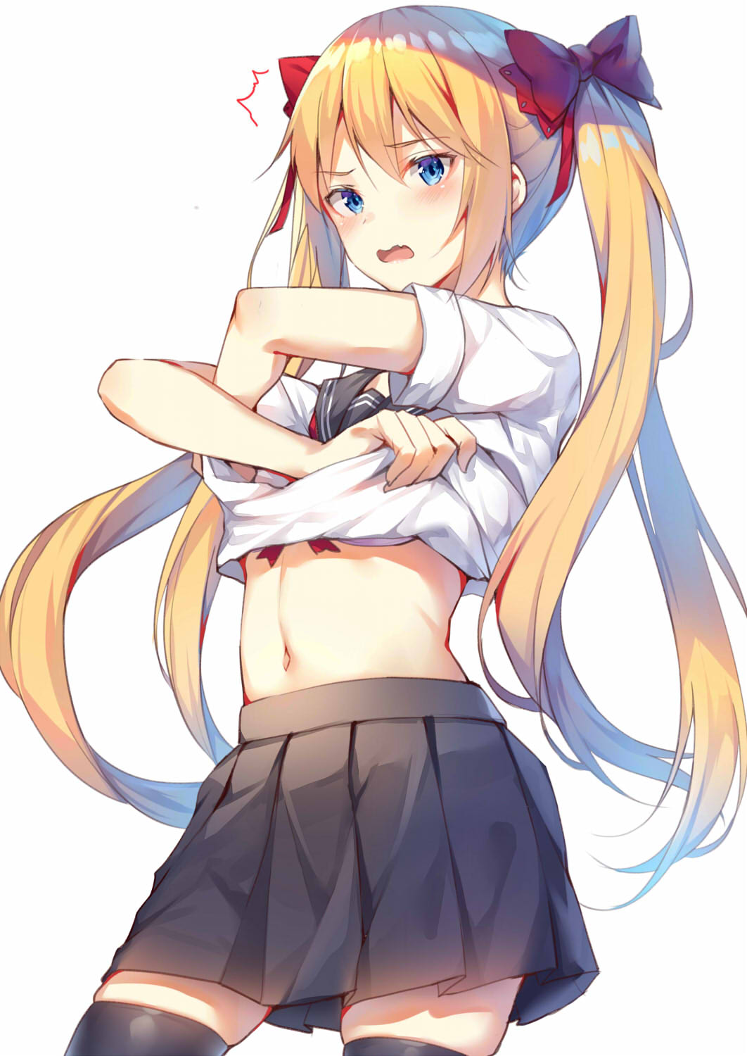 /\/\/\ 1girl alexmaster arms_up bangs black_legwear black_sailor_collar black_skirt blonde_hair blue_eyes blush bow eyebrows_visible_through_hair hair_bow highres lifted_by_self long_hair looking_at_viewer navel open_mouth original pleated_skirt red_bow sailor_collar school_uniform serafuku shirt_lift short_sleeves simple_background skirt solo standing stomach thigh-highs tsurime twintails undressing very_long_hair white_background zettai_ryouiki
