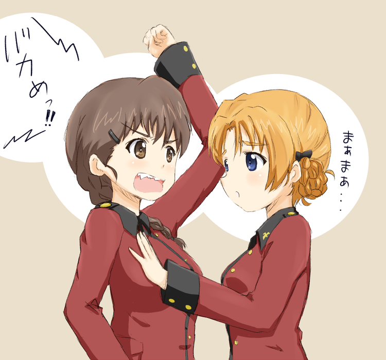 2girls blue_eyes braid brown_eyes brown_hair girls_und_panzer jacket long_sleeves ma-2_(konkon_kitakitsune) multiple_girls orange_hair orange_pekoe red_jacket rukuriri shouting simple_background single_braid st._gloriana's_military_uniform