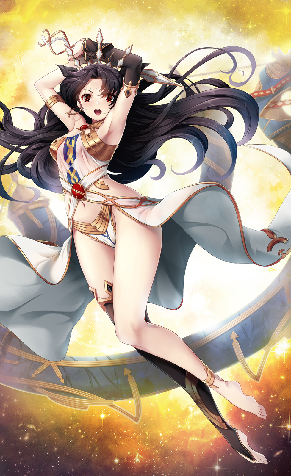 1girl :d anklet armlet arms_up asymmetrical_bangs bangs bare_legs barefoot black_hair black_legwear black_ribbon blush breasts bridal_legwear cleavage earrings eyebrows_visible_through_hair fate/grand_order fate_(series) full_body groin hair_ribbon heavenly_boat_maanna highres holding holding_weapon ishtar_(fate/grand_order) jewelry koflif legs long_hair medium_breasts midair navel open_mouth red_eyes revealing_clothes ribbon single_detached_sleeve single_thighhigh smile solo sparkle_background stomach thigh-highs two_side_up v-shaped_eyebrows very_long_hair waist_cape weapon yellow_background