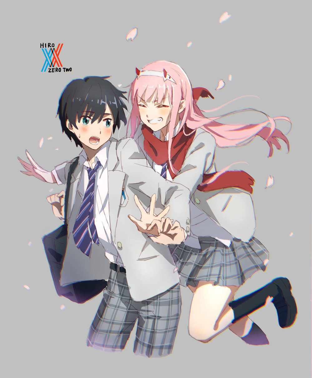 1boy 1girl black_hair black_legwear blush closed_eyes couple darling_in_the_franxx green_eyes grey_jacket highres hiro_(darling_in_the_franxx) horns jacket long_hair looking_back mizu_no necktie oni_horns open_clothes open_jacket panties pink_hair red_scarf scarf shirt shoes short_hair skirt socks striped striped_neckwear striped_panties striped_skirt underwear white_shirt zero_two_(darling_in_the_franxx)