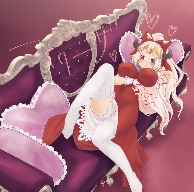 1girl aliza_(granblue_fantasy) arm_warmers blush bow breasts commentary_request couch draph dress forehead_protector granblue_fantasy haduki_hd hair_bow horns huge_breasts long_hair looking_at_viewer lying on_bad on_couch panties pillow red_dress red_eyes ribbed_legwear ribbed_panties silver_hair smile solo thigh-highs underwear white_legwear white_panties
