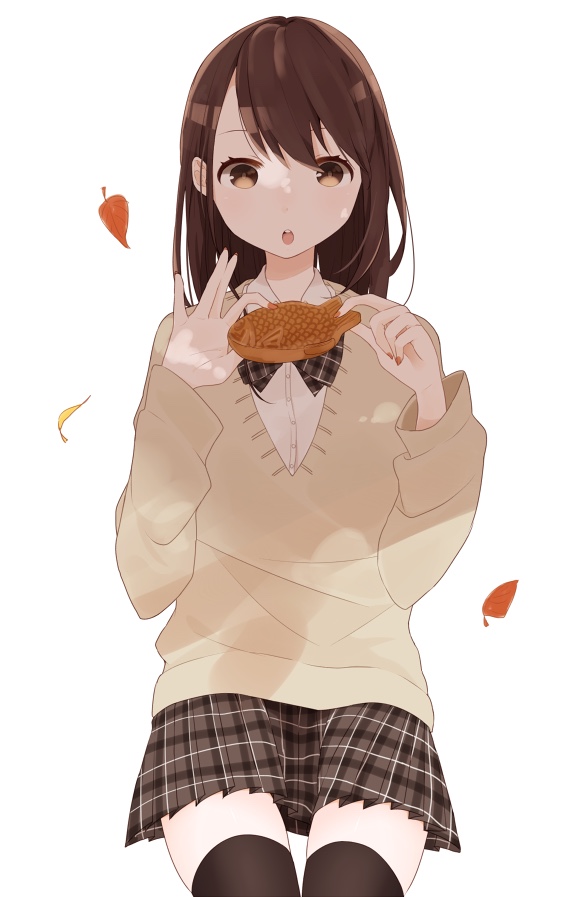 1girl :o arms_up autumn_leaves bangs beige_sweater black_bow black_legwear black_skirt bow brown_eyes collared_shirt commentary_request fingernails food hair_between_eyes holding holding_food leaf long_hair long_sleeves looking_at_viewer nail_polish original pink_nails plaid plaid_bow plaid_neckwear plaid_skirt pleated_skirt round_teeth school_uniform shirt simple_background sketch_eyebrows skirt solo teeth thigh-highs tsukino_(kjdhfap) white_background zettai_ryouiki