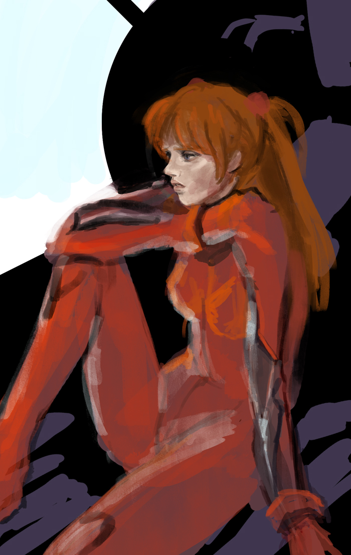 1girl bangs blue_eyes bodysuit breasts cockpit from_side hair_ornament leg_up lia_marin long_hair long_legs medium_breasts neon_genesis_evangelion nose orange_hair outdoors plugsuit profile red_bodysuit sitting skin_tight solo souryuu_asuka_langley speedpaint two_side_up work_in_progress