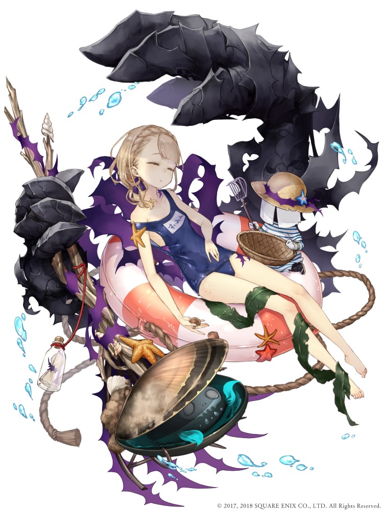 1girl blonde_hair bottle branch briar_rose_(sinoalice) clam closed_eyes flotation_aid full_body jino letter official_art rope school_swimsuit sinoalice sleeping solo swimsuit thorns wet white_background