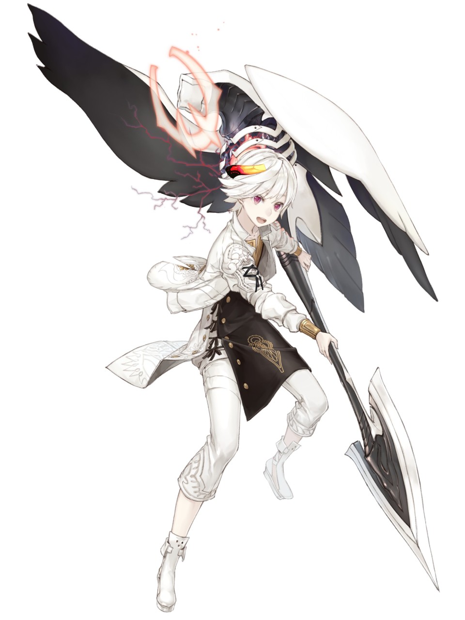 1boy :d albino crossover drag-on_dragoon drag-on_dragoon_3 dragon_boy dragon_horns full_body highres horns humanization jacket jino mikhail_(drag-on_dragoon) official_art open_mouth pink_eyes polearm shoes sinoalice smile solo tabard weapon white_background white_hair