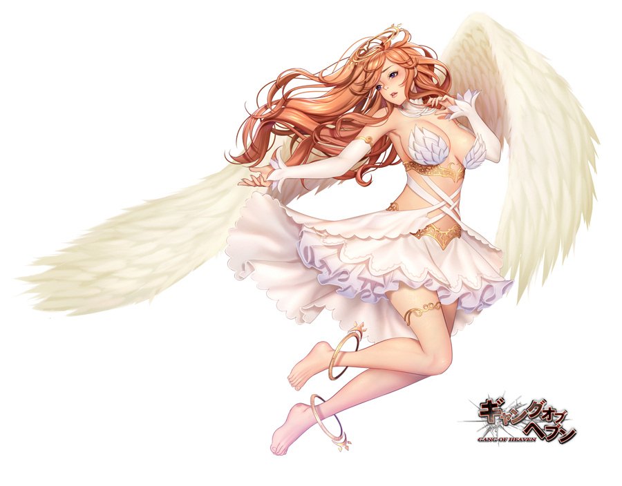 1girl angel armpits bangs bare_shoulders barefoot breasts commentary_request detached_sleeves dress feathered_wings full_body gang_of_heaven halo large_breasts logo long_hair looking_away masami_chie official_art orange_hair parted_lips sidelocks simple_background thigh_strap violet_eyes white_background wings