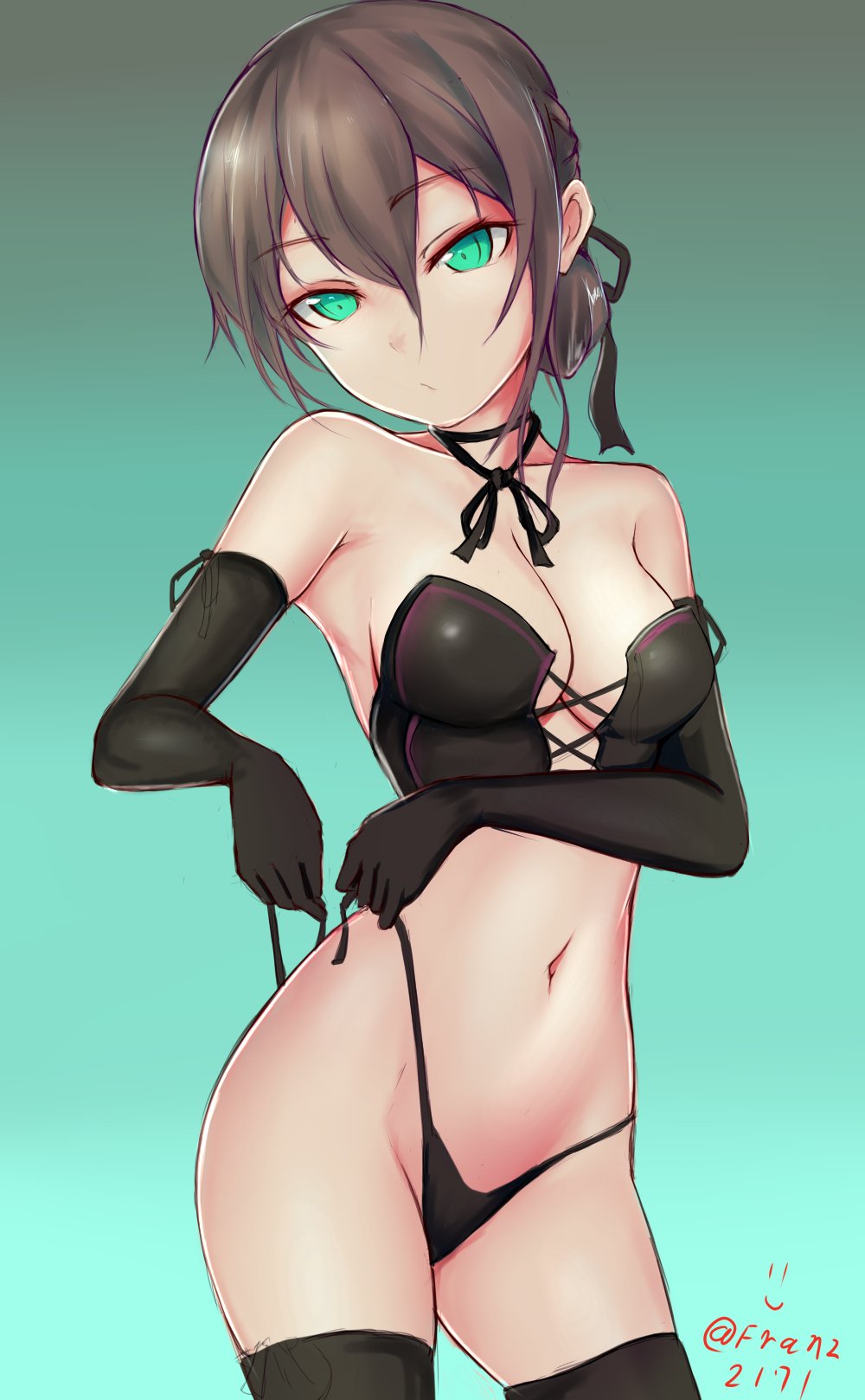 1girl artist_name bare_shoulders black_gloves black_legwear black_panties breasts brown_hair bustier choker cleavage contrapposto cowboy_shot dated elbow_gloves franz_(217franz) gloves gradient gradient_background green_eyes hair_between_eyes highres medium_breasts navel original panties ribbon_choker short_hair side-tie_panties simple_background solo string_panties thigh-highs twitter_username underwear untied untied_panties