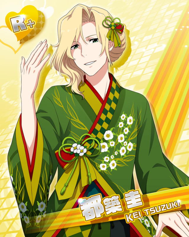 blonde_hair character_name green_eyes idolmaster idolmaster_side-m kimono long_hair ponytail smile tsuzuki_kei