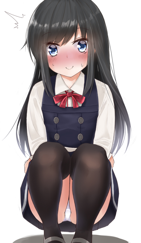 1girl asashio_(kantai_collection) black_hair black_legwear blue_eyes blush buttons commentary dress embarrassed kantai_collection long_hair long_sleeves neck_ribbon panties pantyshot pantyshot_(squatting) pinafore_dress pleated_skirt red_ribbon remodel_(kantai_collection) ribbon sasakura_(calicchio) school_uniform shirt skirt solokov_(okb-999) squatting sweatdrop thigh-highs underwear white_shirt