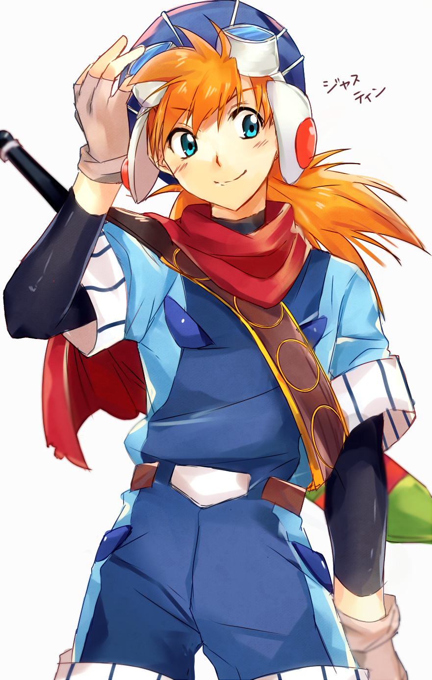 1boy belt blue_eyes closed_mouth fingerless_gloves gloves goggles grandia grandia_i highres justin_(grandia) long_hair looking_to_the_side male_focus multiple_sleeves orange_hair red_scarf scarf simple_background solo