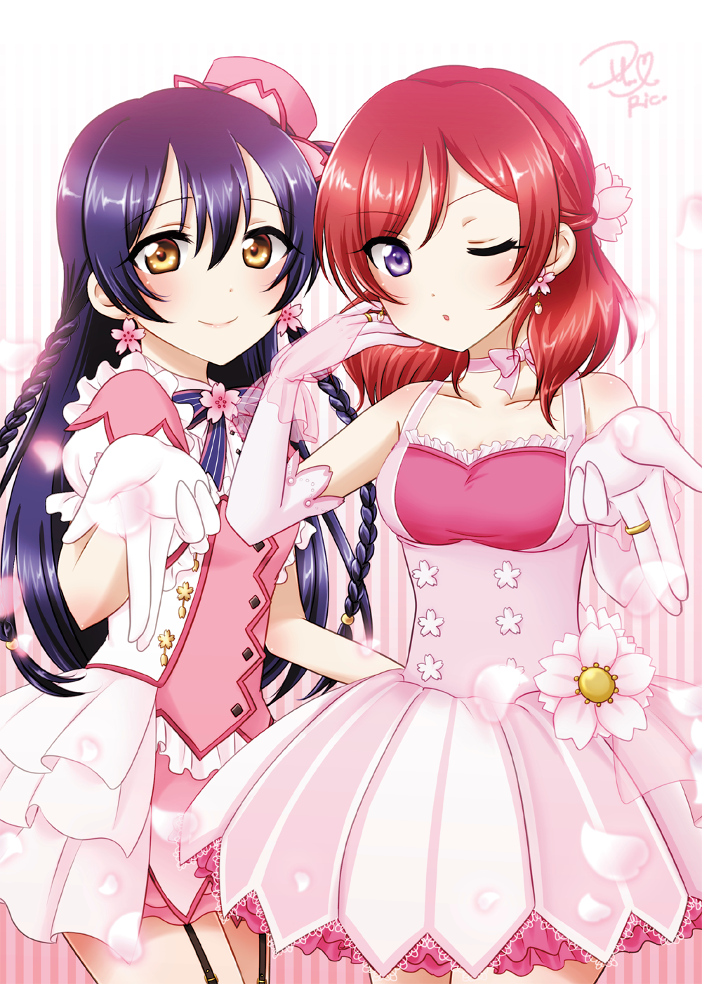 2girls ;o artist_name bangs blue_hair blue_neckwear blush braid brown_eyes choker collarbone commentary_request dress earrings elbow_gloves flower flower_earrings frills garter_straps gloves hair_between_eyes hair_flower hair_ornament half_updo highres jewelry long_hair looking_at_viewer love_live! love_live!_school_idol_project medium_hair multiple_girls neck_ribbon nishikino_maki one_eye_closed overskirt petals pink_choker pink_dress pink_flower pink_gloves redhead ribbon ribbon_choker ric_(fwpbox) ring salute side_braid signature smile sonoda_umi striped striped_background striped_neckwear two-finger_salute vertical-striped_background vertical_stripes violet_eyes white_gloves yellow_eyes