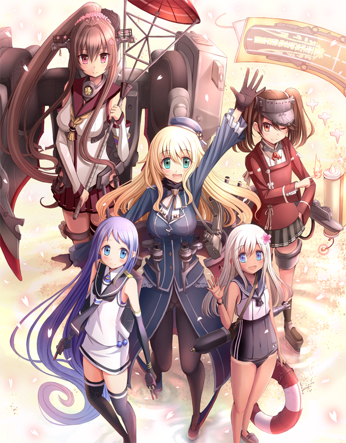 5girls ascot atago_(kantai_collection) bangs beret black_gloves black_legwear black_neckwear blonde_hair blue_eyes blue_hair blue_hat breasts brown_eyes brown_hair cherry_blossoms commentary_request crop_top elbow_gloves feet_out_of_frame flower full_body gloves gradient_hair green_eyes hair_flower hair_ornament hand_up hat headgear japanese_clothes kantai_collection kariginu large_breasts lifebuoy long_hair machinery magatama military military_uniform multicolored_hair multiple_girls neckerchief one-piece_swimsuit one-piece_tan oriental_umbrella pantyhose pleated_skirt ponytail red_skirt red_umbrella rizuriri ro-500_(kantai_collection) ryuujou_(kantai_collection) sailor_collar samidare_(kantai_collection) school_swimsuit school_uniform scroll serafuku shikigami shirt skirt sleeveless sleeveless_shirt standing swept_bangs swimsuit swimsuit_under_clothes tan tanline thigh-highs torpedo twintails umbrella uniform very_long_hair visor_cap waving white_neckwear yamato_(kantai_collection)