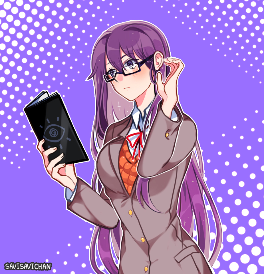 1girl artist_name bespectacled black-framed_eyewear book closed_mouth commentary doki_doki_literature_club english_commentary expressionless glasses hair_between_eyes hair_tucking holding holding_book long_hair looking_away outline purple_background purple_hair rectangular_eyewear savi_(byakushimc) school_uniform simple_background solo upper_body very_long_hair violet_eyes white_outline yuri_(doki_doki_literature_club)