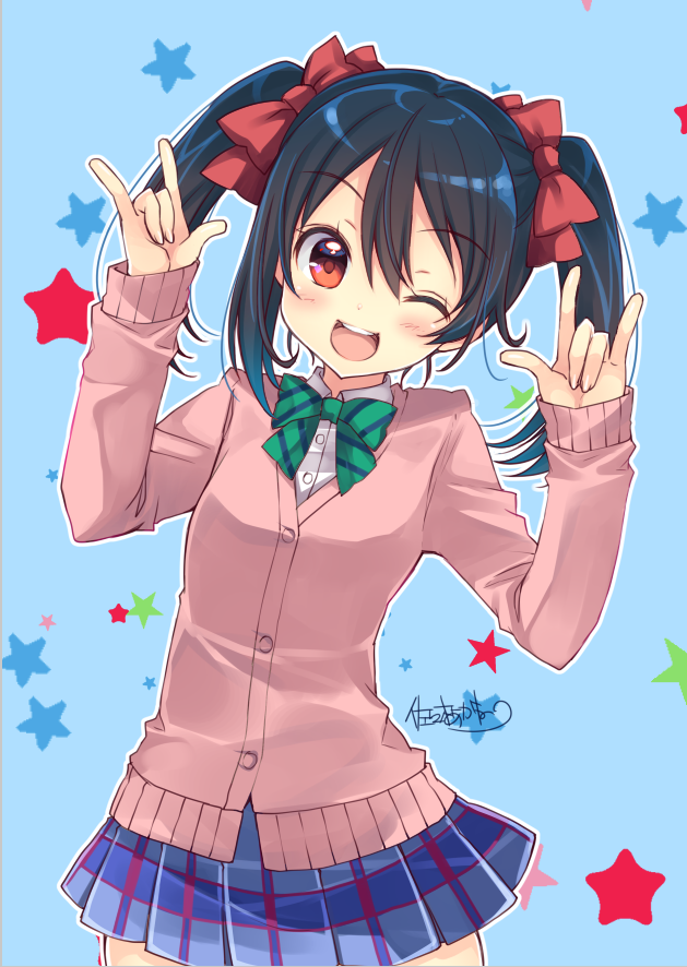 1girl ;d \m/ bangs black_hair blue_background blue_skirt blush bow bowtie double_\m/ eyebrows_visible_through_hair green_neckwear hair_between_eyes hands_up long_sleeves looking_at_viewer love_live! love_live!_school_idol_project miniskirt one_eye_closed open_mouth otonokizaka_school_uniform outline pink_cardigan plaid plaid_skirt pleated_skirt red_eyes sasaki_akane school_uniform signature skirt smile solo star starry_background striped_neckwear twintails white_outline yazawa_nico