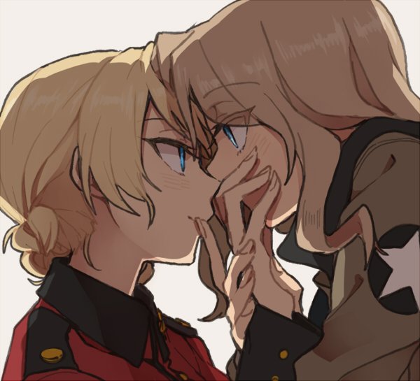 2girls blonde_hair blue_eyes braid darjeeling dutch_angle eyebrows_visible_through_hair forehead-to-forehead french_braid girls_und_panzer hand_on_another's_face kay_(girls_und_panzer) long_hair multiple_girls ree_(re-19) saunders_military_uniform st._gloriana's_military_uniform white_background yuri