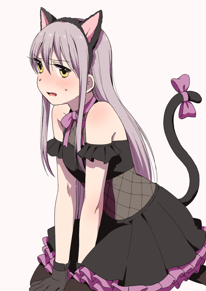 1girl animal_ears arm_cuffs bang_dream! bangs black_dress black_gloves black_legwear blush bow cat_ears cat_tail dress embarrassed fake_animal_ears fang gloves grey_hair hair_between_eyes hairband long_hair minato_yukina murata_(igaratara) neck_ribbon pantyhose purple_bow purple_ribbon ribbon simple_background sitting solo sweatdrop tail tail_bow yellow_eyes