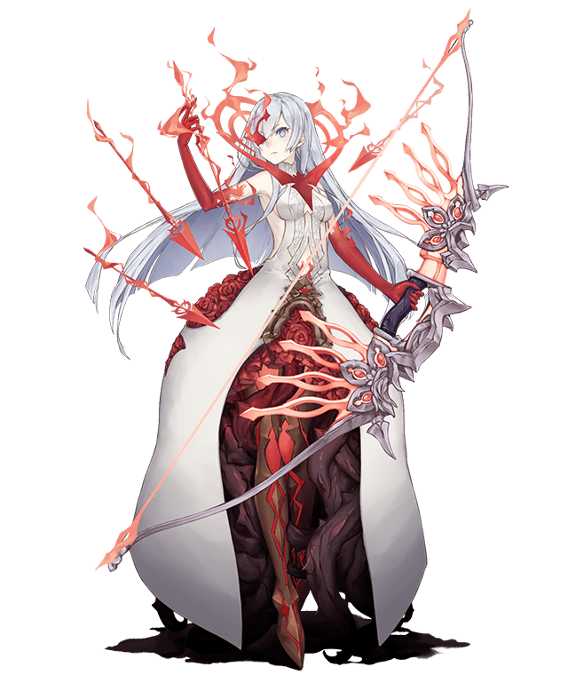 1girl arrow bow_(weapon) burning_eye dark_persona dress empty_eyes energy_arrow flower full_body half-nightmare holding holding_weapon jino long_hair multicolored multicolored_skin navel navel_cutout official_art pale_skin red_eyes red_skin rose serious sinoalice snow_white_(sinoalice) solo thorns transparent_background weapon white_eyes white_hair