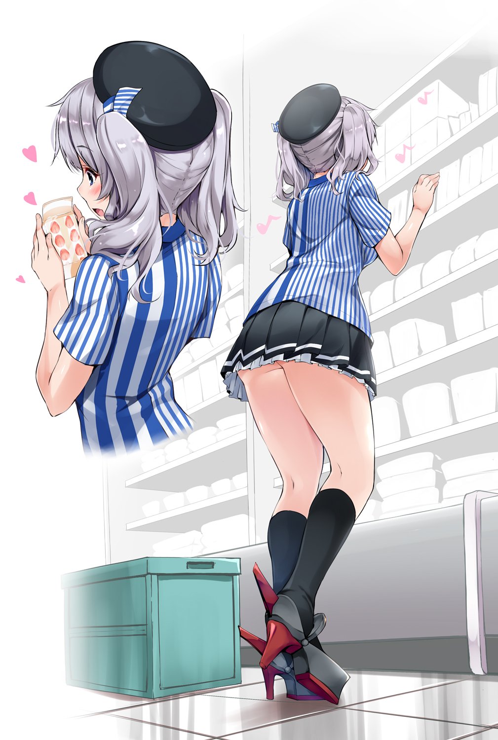 1girl :d ass black_hat black_legwear black_skirt blue_shirt blush foreshortening from_behind gluteal_fold grey_hair hat heart high_heels highres holding indoors kantai_collection kashima_(kantai_collection) multiple_views musical_note nironiro open_mouth pleated_skirt shirt short_hair short_sleeves skirt smile socks standing striped striped_shirt twintails vertical_stripes