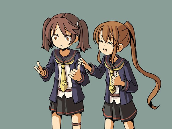 2girls adrian_ferrer brown_eyes brown_hair closed_eyes commentary cosplay crescent crescent_moon_pin english_commentary frown fumizuki_(kantai_collection) fumizuki_(kantai_collection)_(cosplay) hair_tie hand_on_another's_arm kantai_collection legband multiple_girls open_mouth pleated_skirt ponytail ryuujou_(kantai_collection) school_uniform serafuku sidelocks skirt smile thumbs_up twintails