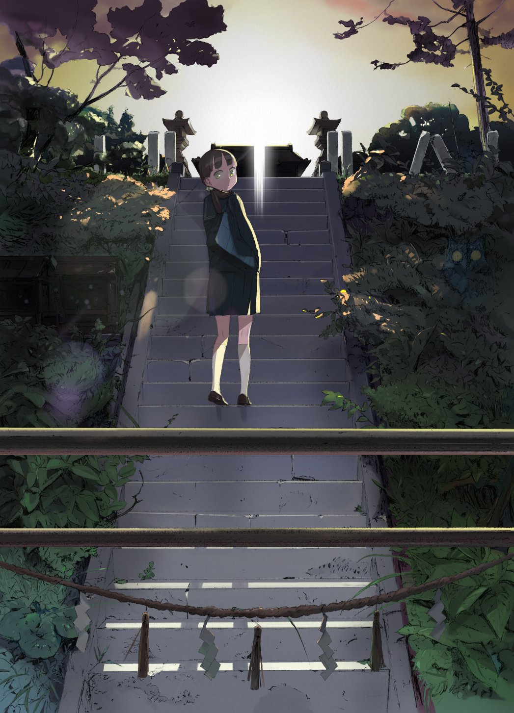 (stag) 1girl grass highres jacket leaf looking_back original shoes stairs sunset temple torii tree