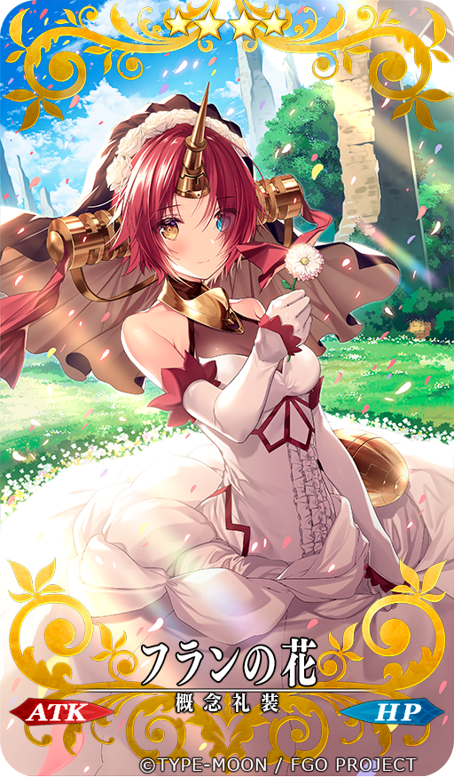 1girl arm_at_side bare_shoulders blue_eyes blue_sky blush breasts brown_eyes center_frills cleavage closed_mouth clouds craft_essence day detached_sleeves dress eyebrows_visible_through_hair fate/grand_order fate_(series) flower frankenstein's_monster_(fate) gloves grass hair_flower hair_ornament headgear holding holding_flower horn lens_flare long_sleeves medium_breasts necomi outdoors petals rose ruins sitting sky smile solo veil white_dress white_flower white_gloves white_rose