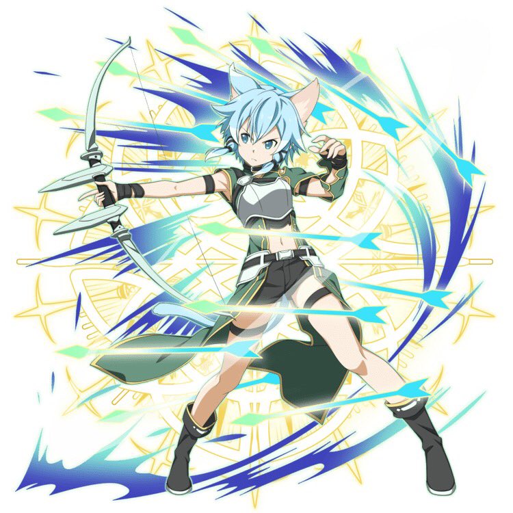 1girl animal_ears arm_ribbon asymmetrical_sleeves belt black_footwear black_ribbon black_shorts blue_eyes blue_hair boots bow bow_(weapon) breastplate cat_ears cat_tail full_body hair_bow hair_ribbon head_tilt holding holding_bow_(weapon) holding_weapon midriff navel ribbon shinon_(sao-alo) short_hair_with_long_locks short_shorts shorts sidelocks solo standing stoamch sword_art_online tail thigh_strap weapon white_background wrist_ribbon