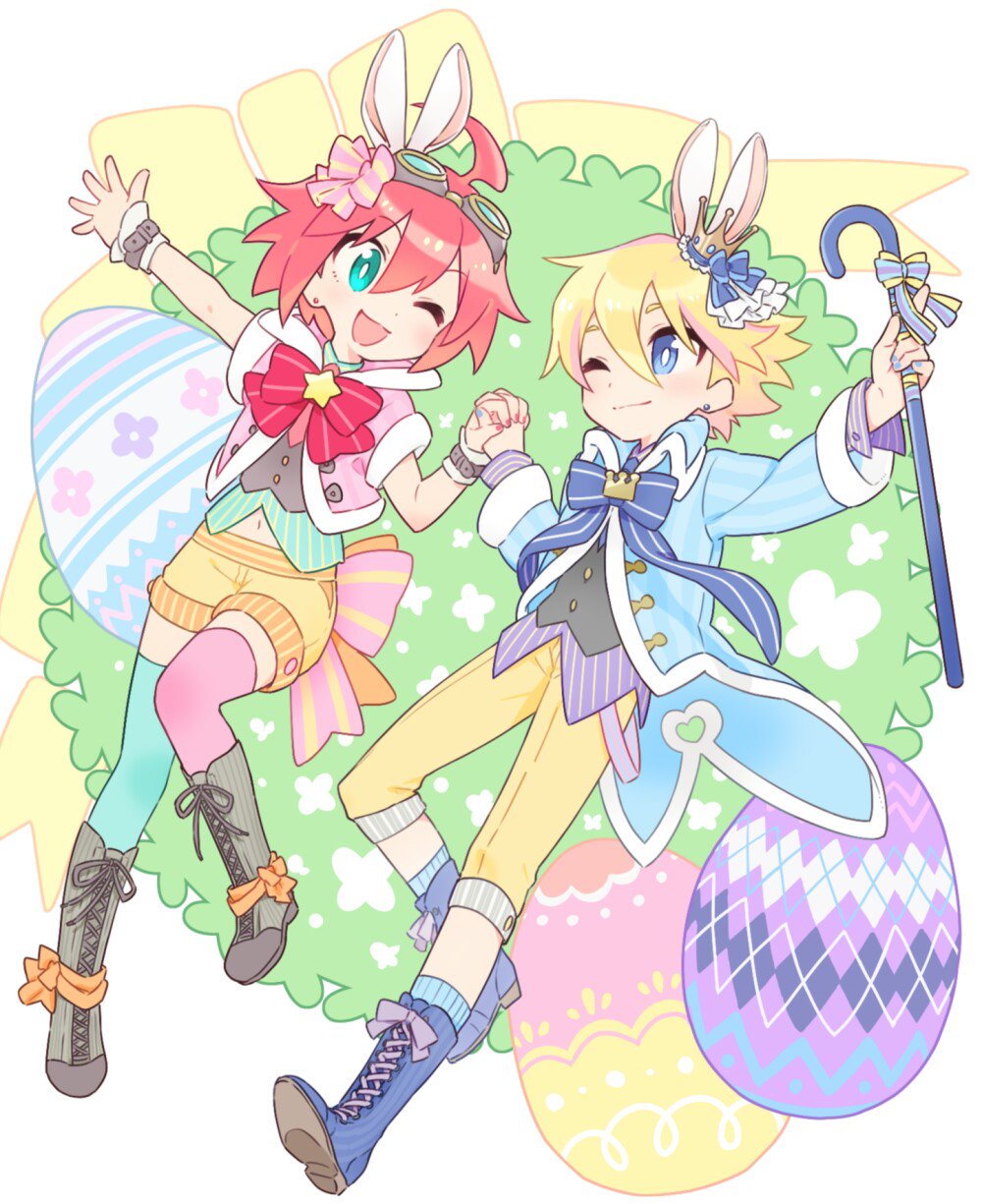 1boy 1girl ahoge alpha_omega_nova aqua_eyes blue_eyes bright_pupils couple crown easter_egg egg full_body goggles goggles_on_head hand_holding highres looking_at_another luluco mini_crown mt.somo pants redhead short_hair shorts trigger-chan trigger_(company) uchuu_patrol_luluco yellow_pants