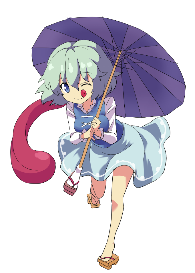 1girl :q ;) bangs bare_legs blue_eyes blue_skirt breasts eyebrows_visible_through_hair full_body geta green_hair hair_between_eyes holding holding_umbrella long_sleeves looking_at_viewer medium_breasts one_eye_closed short_hair simple_background skirt smile solo standing standing_on_one_leg taishi_(moriverine) tatara_kogasa tongue tongue_out touhou umbrella white_background