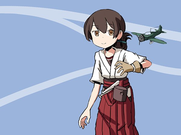 1girl adrian_ferrer aircraft airplane brown_eyes brown_hair commentary english_commentary folded_ponytail gloves hair_between_eyes hair_tie hakama_skirt kantai_collection kasuga_maru_(kantai_collection) single_glove smile solo