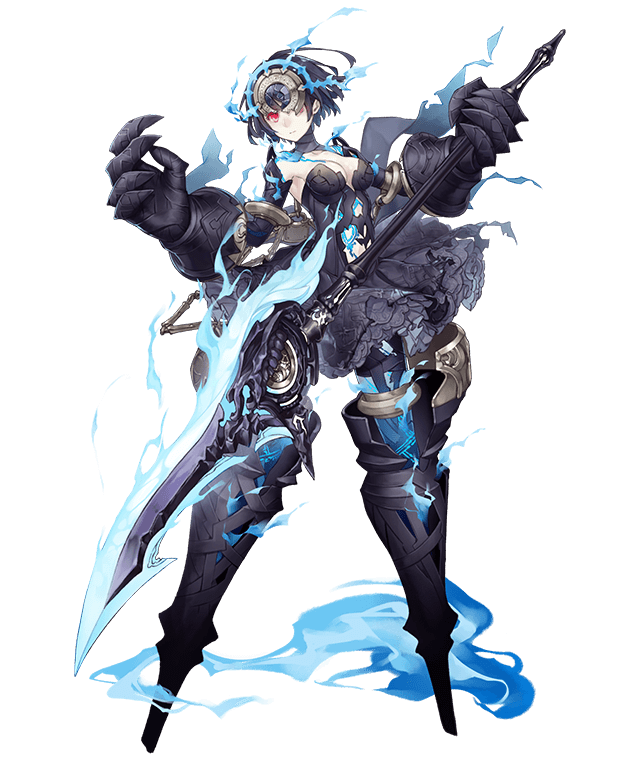 1girl alice_(sinoalice) bare_shoulders blue_fire blue_hair dark_persona expressionless fire frilled_skirt frills full_body glowing glowing_eyes hair_ornament half-nightmare holding holding_weapon jino large_hands looking_at_viewer no_feet official_art one_eye_covered pale_skin polearm red_eyes short_hair sinoalice skirt solo transparent_background weapon