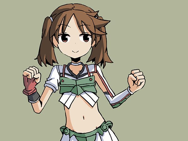 1girl adrian_ferrer asymmetrical_clothes brown_eyes brown_hair choker cosplay fingerless_gloves gloves hair_tie japanese_clothes kantai_collection katsuragi_(kantai_collection) katsuragi_(kantai_collection)_(cosplay) midriff navel pleated_skirt ryuujou_(kantai_collection) single_glove skirt smile solo twintails upper_body