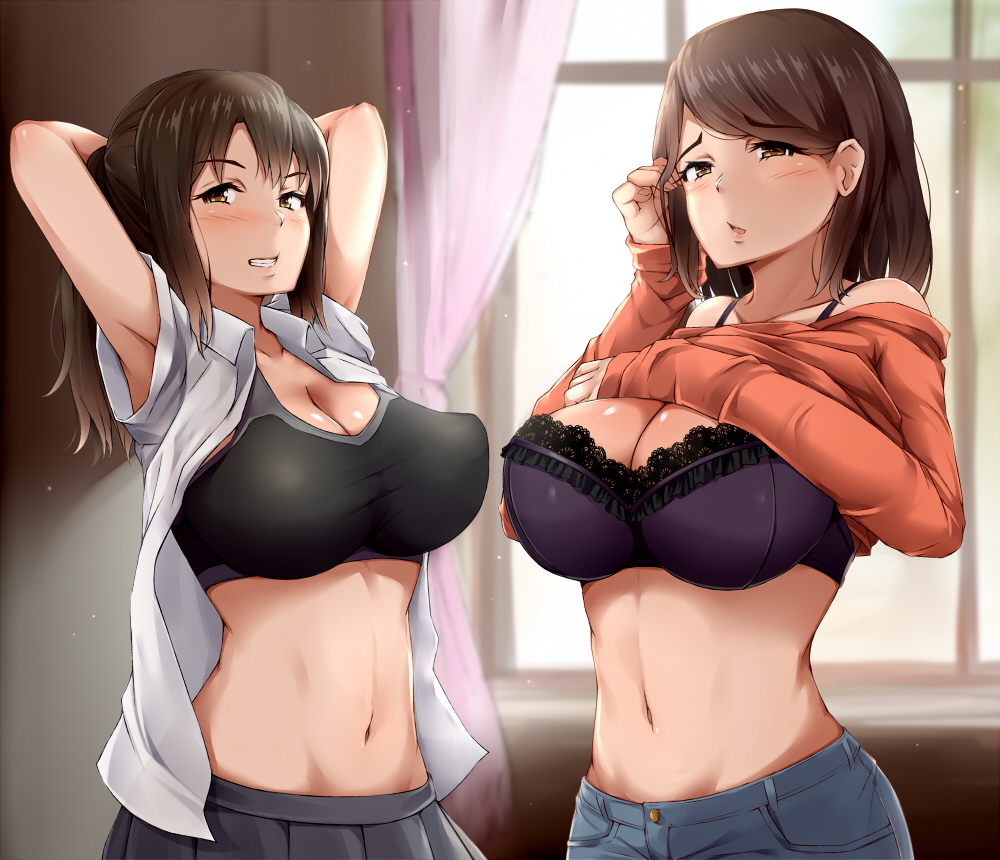 2girls :d :o armpit_peek arms_up bangs bare_shoulders blush bra breasts brown_eyes brown_hair cleavage clothes_lift collared_shirt curtains denim dress_shirt eyebrows_visible_through_hair grey_skirt grin half-closed_eyes hand_on_own_chest hand_up indoors jeans lace lace-trimmed_bra large_breasts long_hair long_sleeves looking_at_viewer medium_hair moruta_(sunu-pio) multiple_girls navel nose_blush off-shoulder_sweater open_mouth orange_sweater original pants pleated_skirt ponytail purple_bra shirt siblings sisters skirt sleeves_past_wrists smile sports_bra stomach sweater sweater_lift swept_bangs teeth underwear upper_body white_shirt window wing_collar