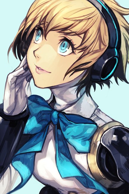 1girl aegis_(persona) android blonde_hair blue_background blue_bow blue_hair blue_neckwear bow bowtie eyebrows_visible_through_hair face facing_to_the_side hand_on_own_face hankuri headphones parted_lips persona persona_3 robot_joints short_hair simple_background smile solo upper_body