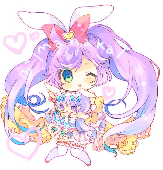 1girl animal_ears bangs blush bow chibi commentary_request copyright_request doll eyebrows_visible_through_hair eyes_visible_through_hair frills green_eyes hair_bow heart knees_together_feet_apart leg_garter long_hair looking_at_viewer nekotorina one_eye_closed parted_lips pink_footwear purple_hair rabbit_ears red_bow shoes smile solo thigh-highs twintails very_long_hair white_legwear