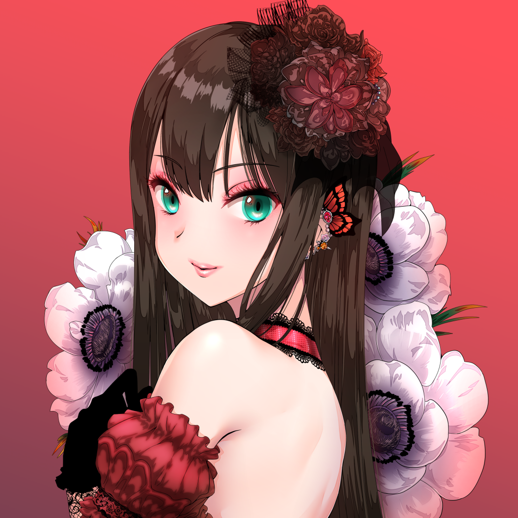 1girl bare_shoulders black_gloves brown_hair choker closed_mouth commentary_request earrings eyebrows_visible_through_hair flower gloves gradient gradient_background green_eyes hair_flower hair_ornament idolmaster idolmaster_cinderella_girls idolmaster_cinderella_girls_starlight_stage jewelry lips long_hair looking_at_viewer love_destiny maou(demonlord) red_background red_choker shibuya_rin solo upper_body
