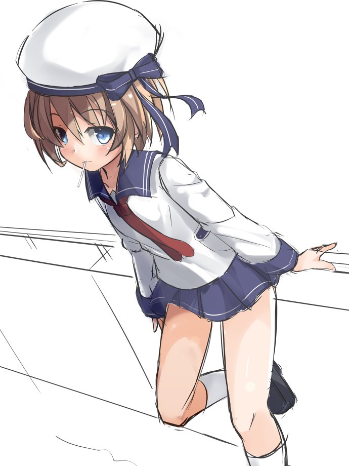 1girl blanc blue_eyes brown_hair hat himajin_(starmine) mouth_hold neptune_(series) pleated_skirt sailor_collar school_uniform serafuku short_hair skirt solo