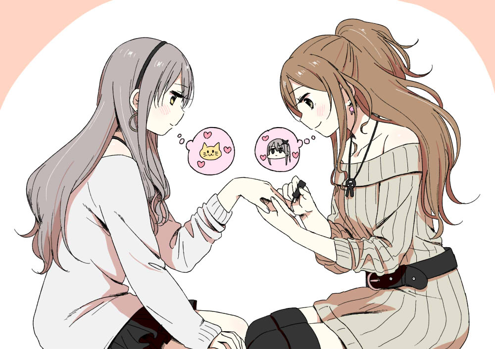 2girls applying_makeup bang_dream! bangs belt black_belt black_hairband black_legwear black_skirt brown_hair cat earrings flat_color grey_eyes grey_hair grey_shirt grey_sweater hairband hand_on_own_knee heart holding_hand hoop_earrings imagining imai_lisa jewelry long_hair long_sleeves minato_yukina multiple_girls murata_(igaratara) nail_polish necklace one_side_up shirt sidelocks sitting skirt sweater sweatshirt thigh-highs yellow_eyes