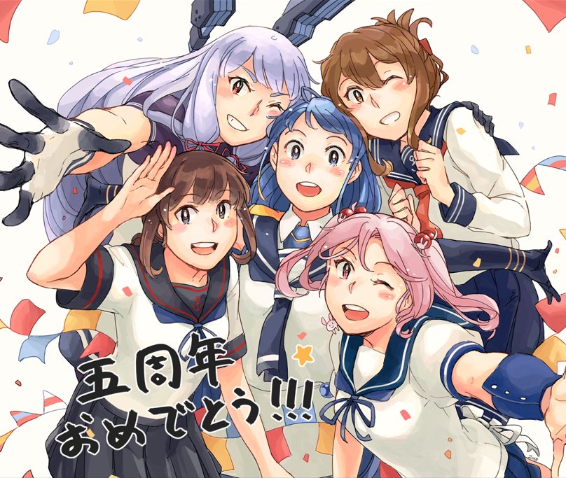 5girls anchor_symbol arm_up black_sailor_collar black_skirt blue_ribbon blue_sailor_collar blue_skirt blush bodysuit breasts brown_eyes brown_hair collared_shirt commentary_request eyebrows_visible_through_hair folded_ponytail fubuki_(kantai_collection) gloves grin hair_between_eyes hair_bobbles hair_ornament hair_ribbon headgear inazuma_(kantai_collection) kantai_collection long_hair long_sleeves looking_at_viewer medium_hair multiple_girls murakumo_(kantai_collection) neck_ribbon neckerchief one_eye_closed open_mouth pink_eyes pink_hair pleated_skirt rabbit reaching_out red_neckwear remodel_(kantai_collection) ribbon round_teeth sailor_collar samidare_(kantai_collection) sazanami_(kantai_collection) school_uniform serafuku shirt short_sleeves silver_hair skirt sleeveless sleeveless_shirt smile teeth tress_ribbon twintails weidashming white_skirt