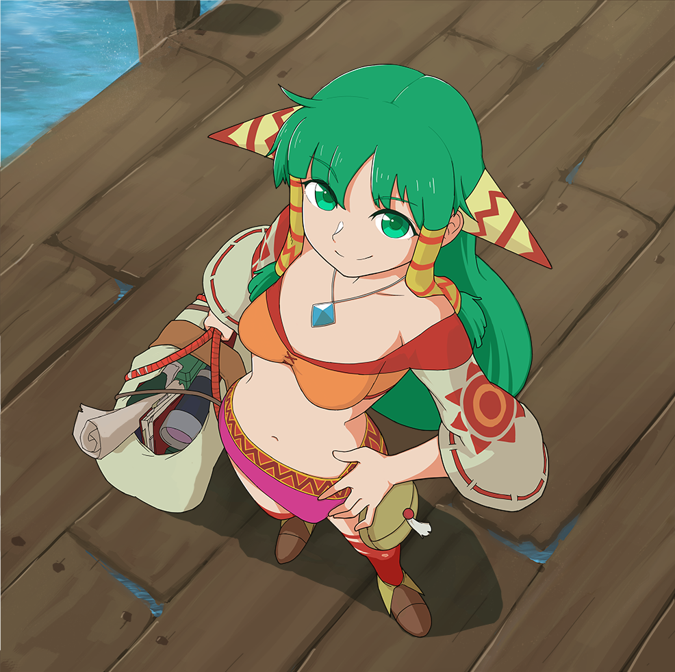 1girl anime_coloring aqua_eyes aqua_hair bag book brown_footwear closed_mouth feena_(grandia) from_above full_body grandia grandia_i green_eyes green_hair hair_tubes hand_on_hip jewelry long_hair looking_up midriff miniskirt paper pendant pink_skirt scroll skirt smile solo squid_neetommy standing wide_sleeves