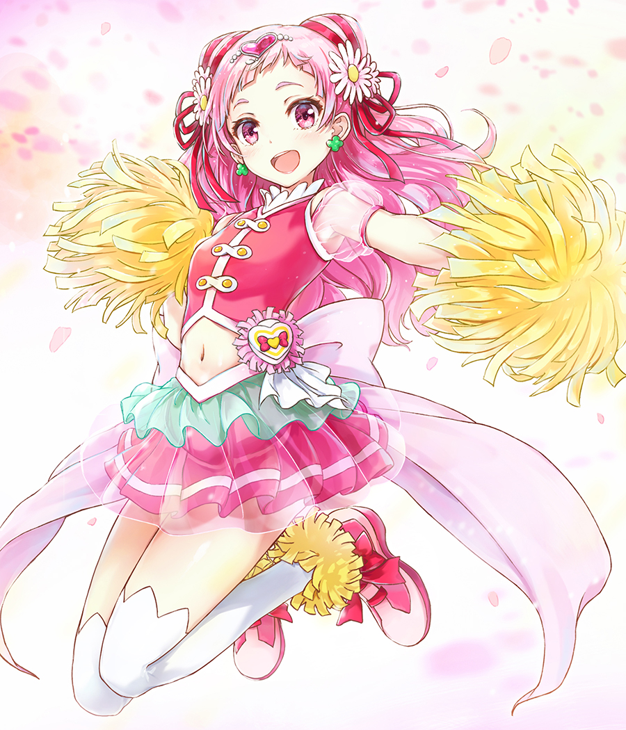 1girl :d commentary_request cure_yell earrings flower full_body hair_flower hair_ornament hair_ribbon heart hugtto!_precure jewelry long_hair looking_at_viewer magical_girl navel nono_hana open_mouth pink_eyes pink_hair pink_skirt pom_poms precure red_ribbon ribbon skirt smile solo thigh-highs tokeshi white_legwear