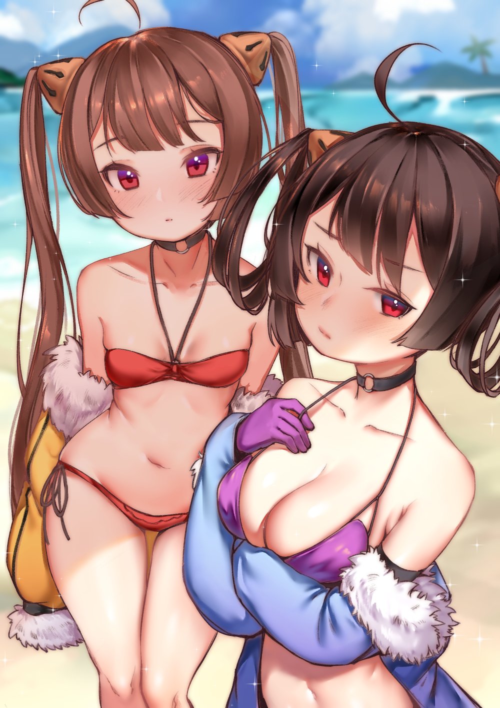 2girls :o ahoge azur_lane beach bikini black_hair blurry breast_hold breasts brown_hair choker cleavage day depth_of_field fur_trim gloves hair_rings halterneck hand_on_own_chest highres looking_at_viewer medium_breasts multiple_girls navel ning_hai_(azur_lane) off_shoulder outdoors ping_hai_(azur_lane) purple_bikini purple_gloves red_bikini red_eyes side-tie_bikini skindentation small_breasts sparkle strap_pull sunege_(hp0715) swimsuit thigh_gap