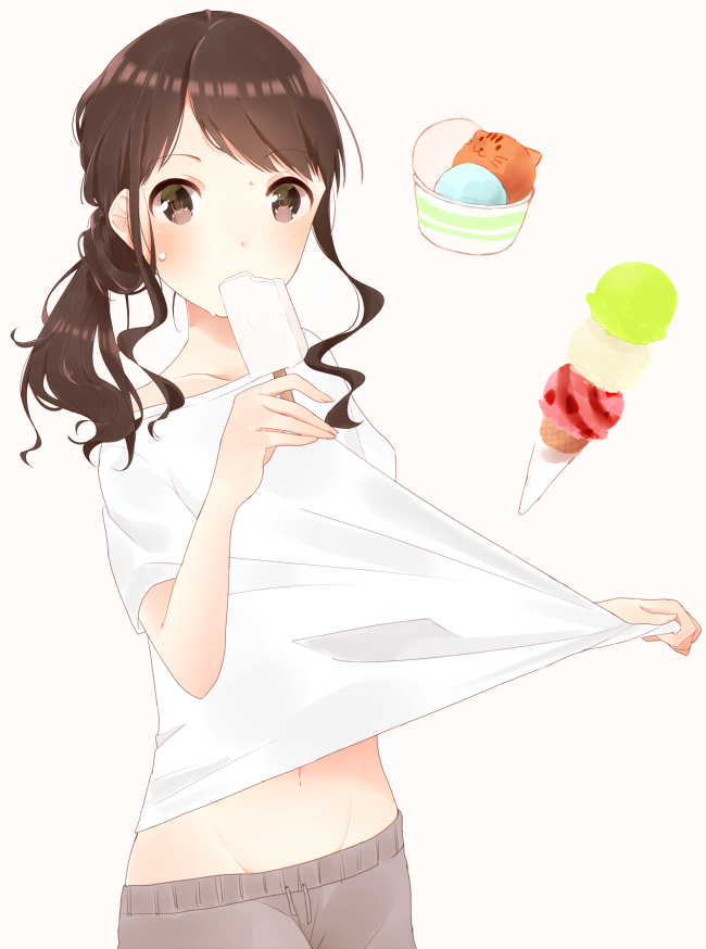 1girl beige_background black_shorts brown_eyes brown_hair commentary_request eyebrows_visible_through_hair food groin hot ice_cream ice_cream_cone long_hair looking_at_viewer navel original ponytail popsicle shiny shiny_hair shirt shirt_pull short_sleeves shorts sidelocks simple_background sketch_eyebrows solo sweatdrop tsukino_(kjdhfap) white_shirt