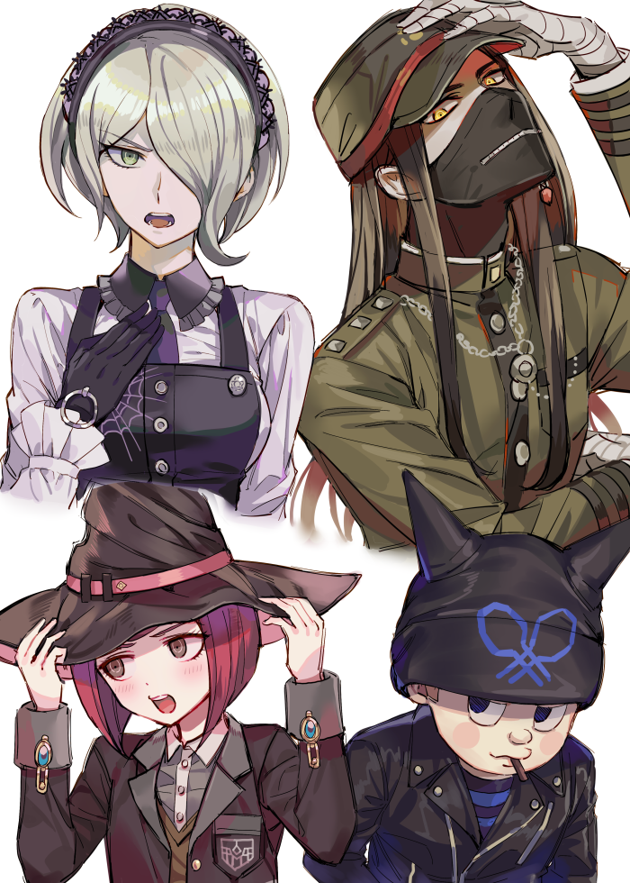 2boys 2girls bandage black_gloves black_hairband black_hat black_jacket blue_eyes blush brown_sweater dangan_ronpa dress_shirt gloves green_eyes green_hat green_jacket grey_shirt hair_over_one_eye hairband hands_on_headwear hat head_tilt hoshi_ryouma inzup jacket looking_at_viewer looking_away maid mask mouth_hold multiple_boys multiple_girls necktie new_dangan_ronpa_v3 open_clothes open_jacket open_mouth purple_neckwear redhead school_uniform shinguuji_korekiyo shirt short_hair silver_hair sweater toujou_kirumi white_background witch_hat yumeno_himiko