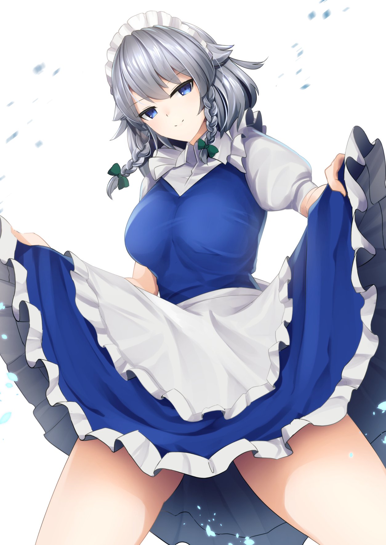 1girl apron blue_dress blue_eyes bow braid breasts commentary_request cowboy_shot dress dress_lift eyebrows_visible_through_hair frilled_apron frills green_bow hair_bow head_tilt highres izayoi_sakuya large_breasts lifted_by_self looking_at_viewer maid_apron maid_headdress petticoat puffy_short_sleeves puffy_sleeves short_hair short_sleeves silver_hair simple_background sinkai smile solo standing touhou twin_braids waist_apron white_apron white_background wing_collar