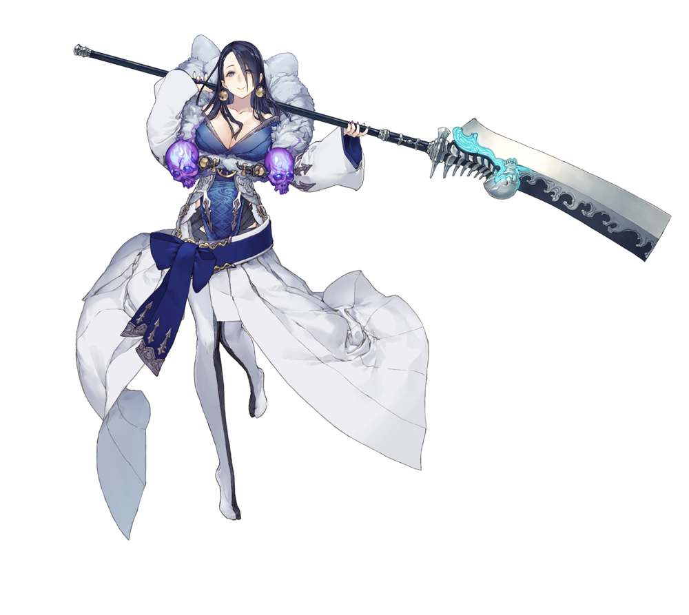 1girl bare_shoulders black_hair blue_eyes breasts dress earrings eyebrows_visible_through_hair eyes_visible_through_hair full_body fur_trim holding holding_weapon jewelry jino kaguya_hime_(sinoalice) large_breasts long_hair off-shoulder_dress off_shoulder official_art sinoalice skull solo weapon white_background