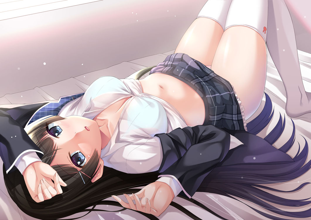 1girl :o arm_up bangs bed_sheet black_hair black_skirt blazer blue_bra blue_eyes blush bra breasts cleavage collarbone embarrassed frilled_skirt frills hair_ornament hairclip hand_on_forehead indoors jacket knees_together_feet_apart knees_up light_particles long_hair long_sleeves looking_at_viewer lying medium_breasts miniskirt navel nijisanji no_shoes on_back on_bed open_clothes open_jacket open_mouth panties pantyshot pantyshot_(lying) pink_panties plaid plaid_skirt school_uniform see-through shiny shiny_skin shirt skirt solo stomach straight_hair thigh-highs thighs tsukino_mito underwear very_long_hair virtual_youtuber white_legwear white_shirt yoruda