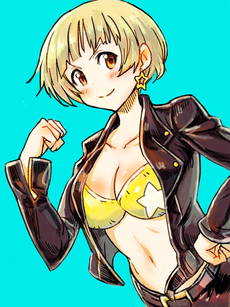 1girl bangs belt belt_buckle bikini_top black_belt black_jacket blonde_hair blue_background blush breasts buckle closed_mouth collarbone dutch_angle earrings fukuda_noriko hand_on_hip hand_up idolmaster idolmaster_million_live! jacket jewelry large_breasts long_sleeves looking_at_viewer midriff mushiki_k navel open_clothes open_jacket orange_eyes short_hair simple_background smile solo star star_earrings stomach v-shaped_eyebrows yellow_bikini_top