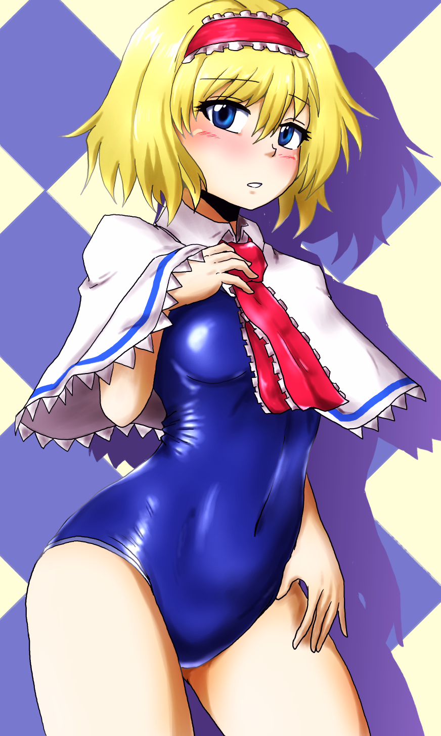 1girl alice_margatroid argyle argyle_background ascot blonde_hair blue_eyes blush breasts capelet d-m_(dii_emu) hairband highres lolita_hairband looking_at_viewer one-piece_swimsuit red_neckwear school_swimsuit short_hair small_breasts solo swimsuit touhou