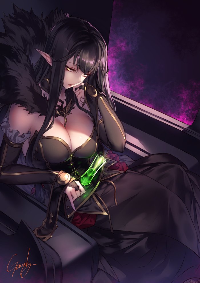 1girl bare_shoulders black_dress black_hair breasts bridal_gauntlets cleavage detached_sleeves dress fate/apocrypha fate/grand_order fate_(series) frills fur_trim hand_on_own_cheek head_tilt jewelry kyouya_(mukuro238) large_breasts long_dress necklace pointy_ears poison queen semiramis_(fate) sitting throne throne_room yellow_eyes