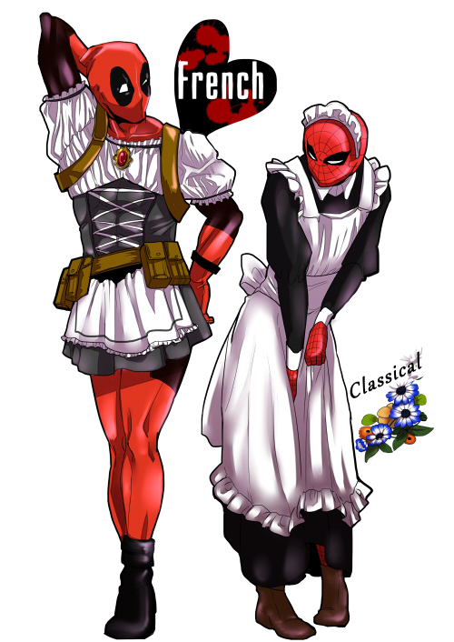 2boys abs alternate_costume arm_up belt_pouch black_footwear black_skirt brown_footwear deadpool english enmaided eye_contact flower hand_behind_head hand_on_hip looking_at_another maid maid_headdress male_focus marvel masiro mask multiple_boys red_skin skirt solo spider-man spider-man_(series) standing trait_connection